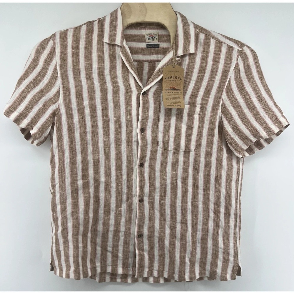 Faherty Brown and White Striped Short Sleeve Linen Button-Down Shirt